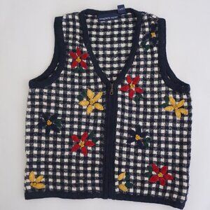 Vintage Eagle's Eye Navy Gingham Floral Embroidered Cotton Knit Vest XL